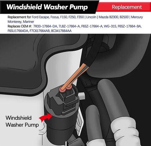 Windshield Washer Pump w/Grommet Replacement for 00-05 Ford Excursion, 98-17 Ford Expedition Limited, 98-10 Ford Explorer, 03-05 Lincoln Aviator Replaces OEM 6F9Z-17664-A, F75Z-17664-BA in Kuwait