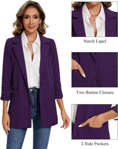 MINTLIMIT Women's Casual Long Blazer 3/4 Ruched Sleeve Lapel Button Front Work Office Blazers Suit Jacket with Pockets in Kuwait