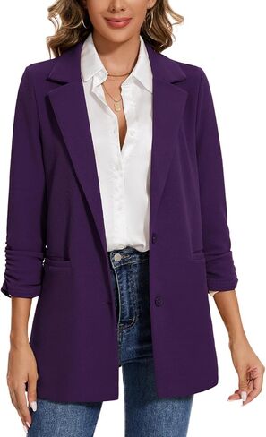 MINTLIMIT Women's Casual Long Blazer 3/4 Ruched Sleeve Lapel Button Front Work Office Blazers Suit Jacket with Pockets in Kuwait