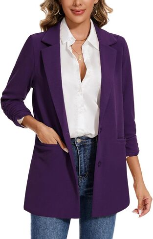MINTLIMIT Women's Casual Long Blazer 3/4 Ruched Sleeve Lapel Button Front Work Office Blazers Suit Jacket with Pockets in Kuwait