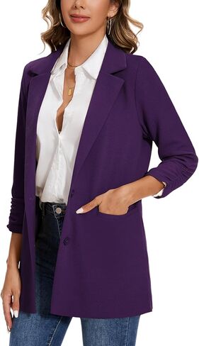 MINTLIMIT Women's Casual Long Blazer 3/4 Ruched Sleeve Lapel Button Front Work Office Blazers Suit Jacket with Pockets in Kuwait