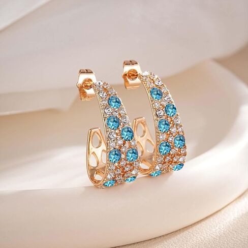 Stunning Multicolor Austrian Crystal Open C Hoop Earrings for Women 14K Gold Plated Hypoallergenic Lightweight Trendy Jewelry in Kuwait
