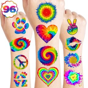 Tie dye Temporary Tattoos Birthday Themed Party Supplies Decorations Favors 8 Sheets 96PCS Colorful Decor Cute Stickers Tattoo for Class School Prizes Gift for Kids Boys Girls Carnival Rewards