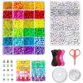 4000+ Pcs Pony Beads Bulk, 6*9mm -Assorted Color Plastic Beads in 2 Storage Boxes with 20m Crystal, 30m Elastic String, 3X Braided Ropes & Scissor – Ideal for Bracelets, Rings & Necklaces