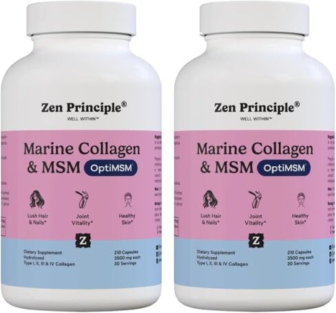 Zen Principle Marine Collagen Peptides Powder with OptiMSM® Supplement. Clinically Tested for Skin Support. Wild-Caught Fish, Non-GMO. 210 Capsules. in Kuwait