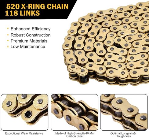 Gold 520 X-Ring Motorcycle Chain 114 Links for Honda Kawasaki Suzuki Yamaha with Connecting Master Link - Enhanced Durability & Universal Fit in Kuwait