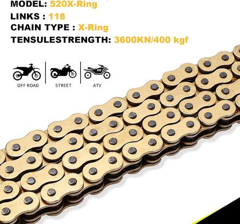 Gold 520 X-Ring Motorcycle Chain 114 Links for Honda Kawasaki Suzuki Yamaha with Connecting Master Link - Enhanced Durability & Universal Fit in Kuwait