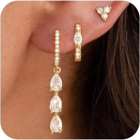 3 Pairs Earrings Set for Multiple Piercings, Gold Stackable Earrings for Women, Gold Studs Hoop Earrings Stack, Gold Dangle Earrings Set, CZ Earrings Hypoallergenic for Sensitive Ears, Gift in Kuwait