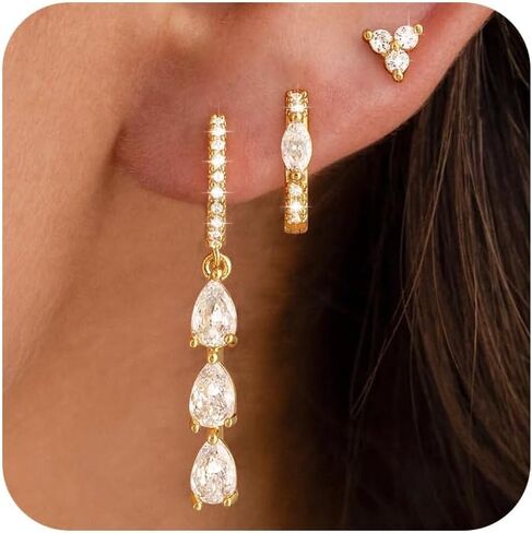 3 Pairs Earrings Set for Multiple Piercings, Gold Stackable Earrings for Women, Gold Studs Hoop Earrings Stack, Gold Dangle Earrings Set, CZ Earrings Hypoallergenic for Sensitive Ears, Gift in Kuwait