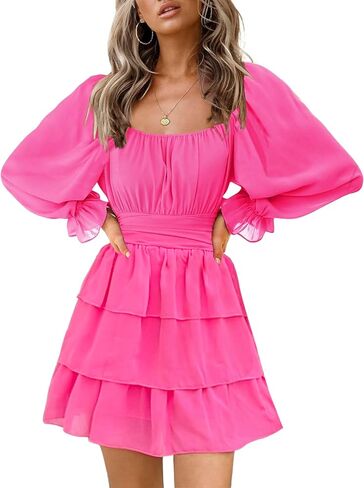 فستان نسائي صيفي من OBBUE برباط خلفي ورقبة مربعة وأكمام طويلة وطبقات متأرجحة in Kuwait