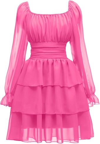 فستان نسائي صيفي من OBBUE برباط خلفي ورقبة مربعة وأكمام طويلة وطبقات متأرجحة in Kuwait