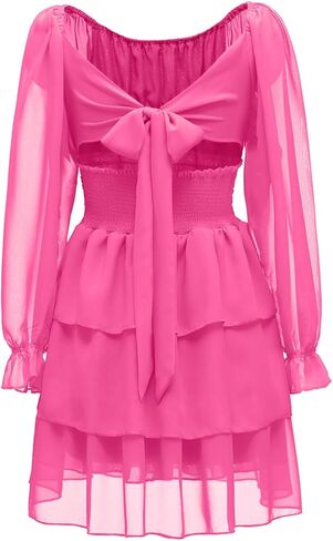 فستان نسائي صيفي من OBBUE برباط خلفي ورقبة مربعة وأكمام طويلة وطبقات متأرجحة in Kuwait