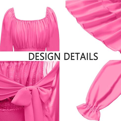 فستان نسائي صيفي من OBBUE برباط خلفي ورقبة مربعة وأكمام طويلة وطبقات متأرجحة in Kuwait