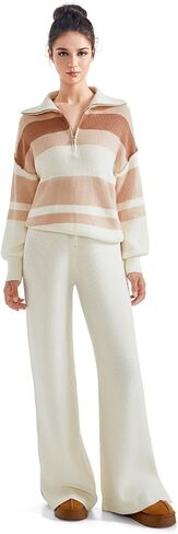 SUUKSESS Women 2 Piece Lounge Sets Quarter Zip Pullover Wide Leg Pants Oversized Matching Sets (Mocha, L) in Kuwait