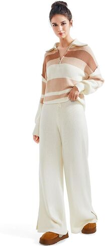 SUUKSESS Women 2 Piece Lounge Sets Quarter Zip Pullover Wide Leg Pants Oversized Matching Sets (Mocha, L) in Kuwait