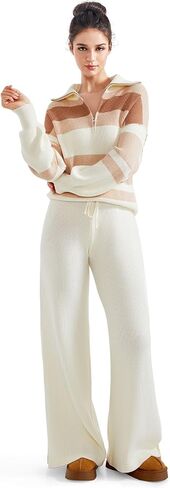 SUUKSESS Women 2 Piece Lounge Sets Quarter Zip Pullover Wide Leg Pants Oversized Matching Sets (Mocha, L) in Kuwait