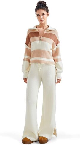 SUUKSESS Women 2 Piece Lounge Sets Quarter Zip Pullover Wide Leg Pants Oversized Matching Sets (Mocha, L) in Kuwait