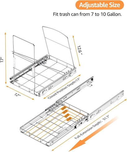 Pull Out Trash Can Under Cabinet, Under Sink Trash Can Rack with Door Mounting Kit, Cabinet Trash Can Pull Out Kit Holds 7-10 Gallon Trash Can, for Kitchen Cabinet, Trash Can Not Included in Saudi Arabia