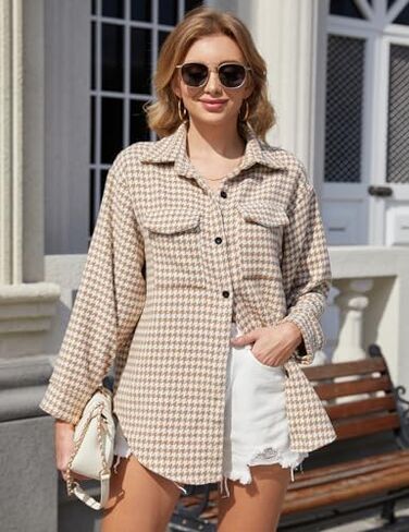 Yimoon Plaid Jacket Women Casual Houndstooth Jacket Flannel Shacket Loose Long Sleeve Shirt Button Down Shacket With Pockets in Kuwait