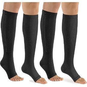 Zipper Open Toe Compression Socks-2 Pairs Calf Knee 15-20 mmHg Compression Socks for Walking,Running,Nurses，Pregnancy