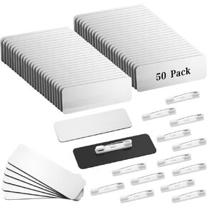 50 Pack Name Tag Blanks with Pin 1 x 3 Inch Plastic Name ID Badge Holders with Clips Nametags Labels Printable Name Tags with Round Corners for DIY (Black, White)