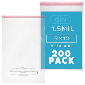 GPI - Pack of 200 12" X 15" Clear Self Seal Poly Bags, 1.5 Mil - Resealable Polybags with Adhesive strip & Suffocation Warning for Packaging T Shirts Clothing. Perfect for Shipping Supplies with FBA