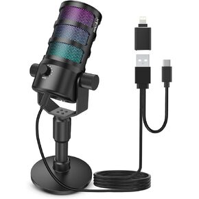 ميكروفون لبث البودكاست، ميكروفون ألعاب USB للكمبيوتر الشخصي، والكمبيوتر، والهاتف، وPS4/5، وميكروفون مكثف مع أضواء RGB، وكتم الصوت، والكسب، وإلغاء الضوضاء لتسجيل الاستوديو، وتويتش، ومقاطع فيديو يوتيوب in Kuwait