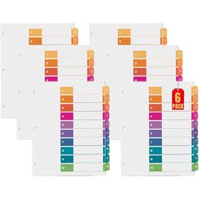 1InTheOffice 3 Ring Binder Dividers with Tabs, 10 Numbered Tabs, 11" x 8.5", Multi-Color, 6 Pack