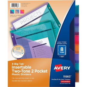 Avery Big Tab Insertable Plastic 2 Pocket Dividers for 3 Ring Binders, 8 Tab Set, Two-Tone Multicolor, Works with Sheet Protectors, 1 Set (11983)
