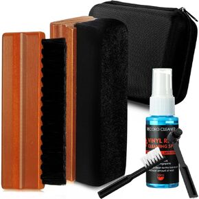 Ziliny 6 Pcs Vinyl Record Cleaning Kit Includes Velvet Soft Record Brush, Nylon Brush, 2 Microfiber Brush, Cleaner Fluid and Storage Box, Vinyl Record Cleaning Brush Kit (Wood Color)