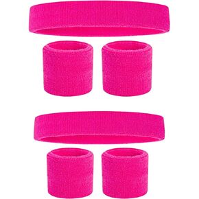 Pink 80s Sweatband, Pink Headband and Wristbands (2 Sets), Sweat Bands 80s Neon Hot Pink Color, 80s Party, Sweatbands for Women, Colorful Sweatband Set