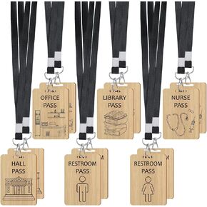 Yeaqee 12 Set Hall Pass Lanyards Restroom Pass Unbreakable Wooden Hall Passes for Office Nurse Home Library Gift Supplies(Black)