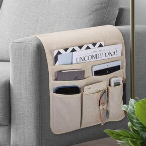 Remote Control Holder Armchair Caddy for Recliner Couch, Non-Slip Armrest Organizer with 5 Pockets for Magazine, Tablet, Phone, iPad (Brown)