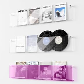 acrylic wall mounted magazine rack, 3-story hanging magazine holder, bookshelf, brochure rack, suitable for meeting rooms, living rooms,offices, and homes(2 Pack transparent+1 Pack blue)