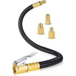 12'' Tire Inflator Extension Tube, Tire Pump Chuck Hose Adapter w/Presta Valve for Air Compressor Quick-Inflation, Clip On Air Chuck High-Pressure Tube Car Motorcycle Bicycle Maintenance Accessories
