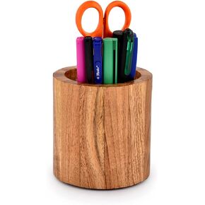 Acacia Wood Pencil/Pen Holder for desk, Round Desktop Organizer for Desk Multi Purpose Use for Home School Office Supplies (4" x 4" x 4")