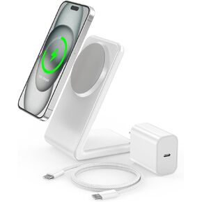 for Apple Mag-Safe Charger Stand, Magnetic Wireless Charger with Fast Charging Capability for iPhone 15/14/13/12 (with 20W Adapter, 5Ft Cable) - Grey