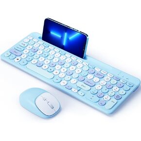 Bluetooth Keyboard and Mouse Wireless, Multi-Device Rechargeable Keyboard and Mouse Combo with Phone Holder (Bluetooth 5.0+3.0+2.4GHz) Quiet Ergonomic Compatible with Mac/Windows/iOS/Android (Blue)