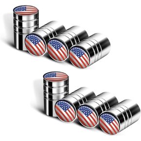 8-Pack American Flag Valve Stem Caps for Cars, Trucks, Bikes, Motorcycles and Bicycles - Silver Metal Tire Valve Caps with Universal Fit, Airtight Dust-Proof Stem Covers - Corrosion Resistant