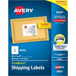 Avery Printable Shipping Labels with Sure Feed, 3-1/3" x 4", White, 600 Blank Mailing Labels (8464)