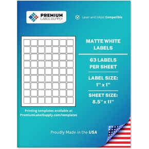 Premium Label Supply White Sticker Square Labels – 1" x 1" – Laser/Inkjet Compatible – (63 per Sheet), 100 Sheets – 6300 Total Adhesive Labels