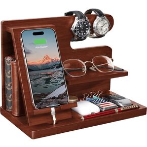Gifts for Men Wood Phone Docking Station Gifts for him Husband Nightstand Organizer Cell Phone Stand Watch Holder Wallet Station Desk Organizers Gifts for Dad Birthday Gifts for Men (Black)