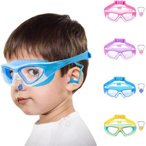 Vvinca Kids Swim Goggles for Kids 3-12, 2024 Upgraded Design with Ear&Nose Plug, Wide View Anit-Fog No Leak Water Pool Goggle