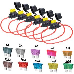 12 Gauge in Line Fuse Holder ATC/ATO 6 Pcs Waterproof Inline Automotive Blade Fuse Holder with 55PCS Standard Car Fuses 1A 2A 3A 4A 5A 7.5A 10A 15A 20A 25A 30A Automotive Replacement Fuses