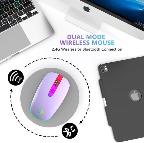 ماوس بلوتوث لاسلكي قابل لإعادة الشحن من FUWANG، ماوس إدخال بصري USB 2.4G، محمول، متوافق مع الكمبيوتر المحمول، الكمبيوتر الشخصي، نظام التشغيل Mac OS، Windows، DPI قابل للتعديل (أرجواني فاتح) in Kuwait