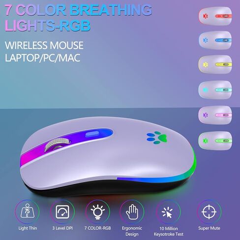 ماوس بلوتوث لاسلكي قابل لإعادة الشحن من FUWANG، ماوس إدخال بصري USB 2.4G، محمول، متوافق مع الكمبيوتر المحمول، الكمبيوتر الشخصي، نظام التشغيل Mac OS، Windows، DPI قابل للتعديل (أرجواني فاتح) in Kuwait