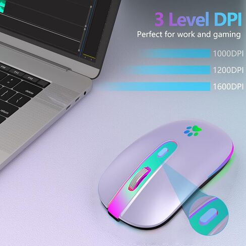 ماوس بلوتوث لاسلكي قابل لإعادة الشحن من FUWANG، ماوس إدخال بصري USB 2.4G، محمول، متوافق مع الكمبيوتر المحمول، الكمبيوتر الشخصي، نظام التشغيل Mac OS، Windows، DPI قابل للتعديل (أرجواني فاتح) in Kuwait