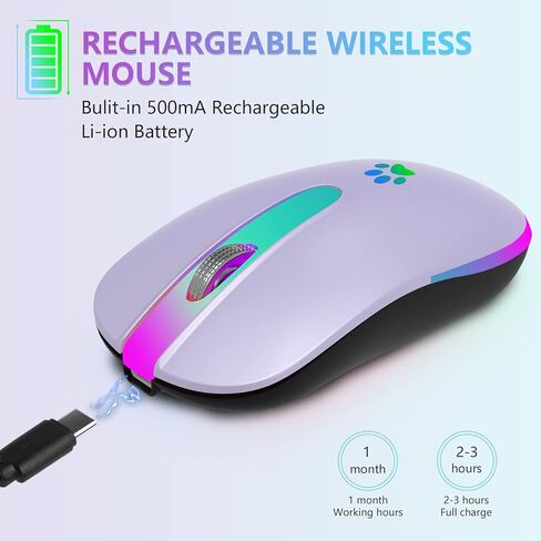 ماوس بلوتوث لاسلكي قابل لإعادة الشحن من FUWANG، ماوس إدخال بصري USB 2.4G، محمول، متوافق مع الكمبيوتر المحمول، الكمبيوتر الشخصي، نظام التشغيل Mac OS، Windows، DPI قابل للتعديل (أرجواني فاتح) in Kuwait