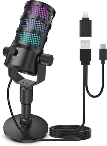 ميكروفون لبث البودكاست، ميكروفون ألعاب USB للكمبيوتر الشخصي، والكمبيوتر، والهاتف، وPS4/5، وميكروفون مكثف مع أضواء RGB، وكتم الصوت، والكسب، وإلغاء الضوضاء لتسجيل الاستوديو، وتويتش، ومقاطع فيديو يوتيوب in Kuwait