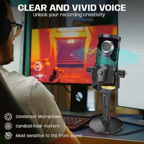 ميكروفون لبث البودكاست، ميكروفون ألعاب USB للكمبيوتر الشخصي، والكمبيوتر، والهاتف، وPS4/5، وميكروفون مكثف مع أضواء RGB، وكتم الصوت، والكسب، وإلغاء الضوضاء لتسجيل الاستوديو، وتويتش، ومقاطع فيديو يوتيوب in Kuwait